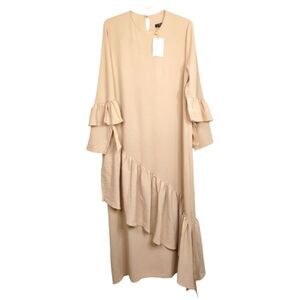La Via Paris Maxi Dress Tan Ruffles Long Sleeve size 2XL Loose Fit Stretchy NWT